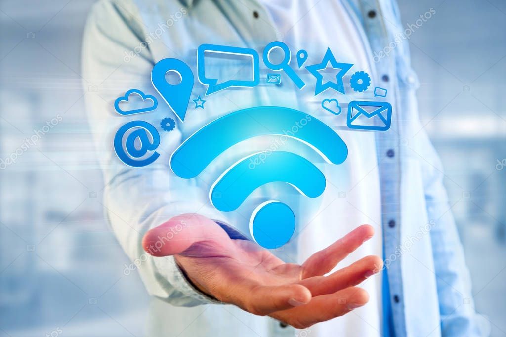 3d rendering of wifi connection symbol surrounded by multimedia and internet application logo