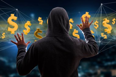 Hacker adam karanlıkta bilgisayar kullanarak 
