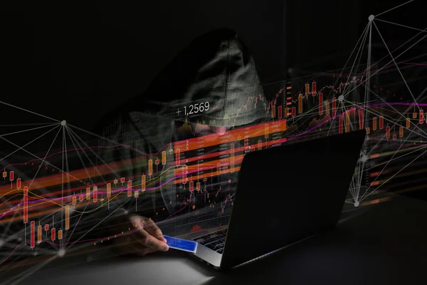 Hacker man in the dark using computer — Stock Photo, Image