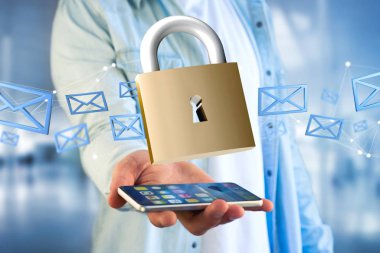 Asma kilit güvenlik bağlantı üzerinde bir renk arka plan - 3d izole 