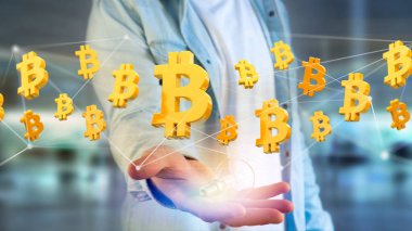 Bir ağ bağlantısı - 3d render uçan Bitcoin işareti