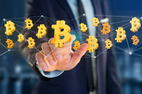 Bitcoin-Zeichen fliegen um eine Netzwerkverbindung - 3D-Render — Stockfoto