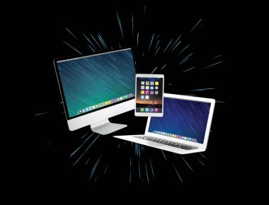 Bilgisayar ve bu futuristik bir arabirim üstünde gösterilen aygıtlar