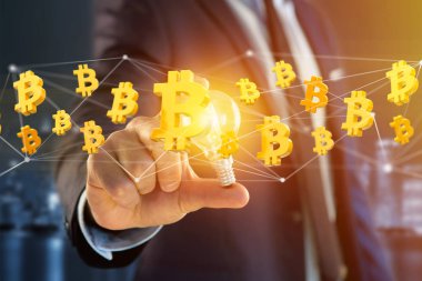 Bir ağ bağlantısı - 3d render uçan Bitcoin işareti