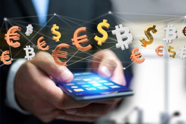 Dolar, Euro ve Bitcoin işaretler bir ağ itibara uçan