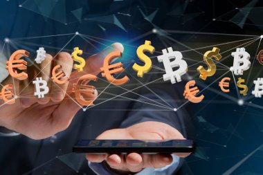 Dolar, Euro ve Bitcoin işaretler bir ağ itibara uçan
