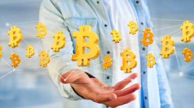 Bir ağ bağlantısı - 3d render uçan Bitcoin işareti