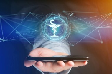 Eczane tıbbi kutsal kişilerin resmi üstünde bir futuristik bir arayüze 