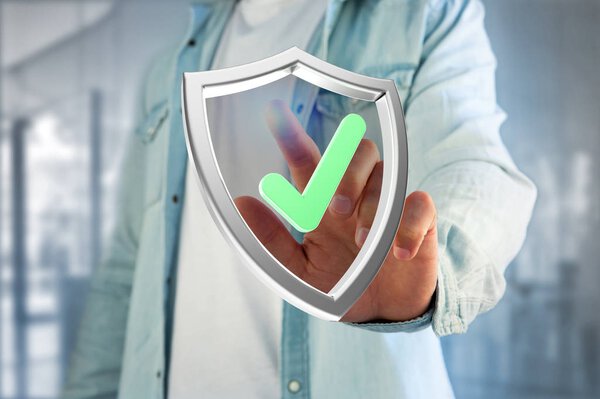 Shield symbol displayed on a futuristic interface - 3d rendering