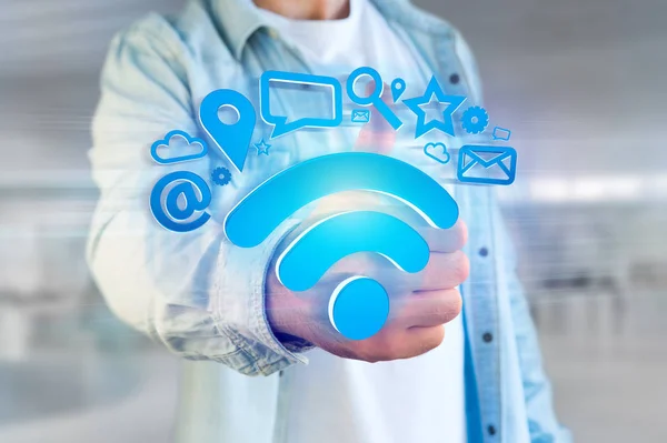 Σύμβολο σύνδεση Wi-Fi που περιβάλλονται από πολυμέσα και εφαρμογών διαδικτύου — Φωτογραφία Αρχείου
