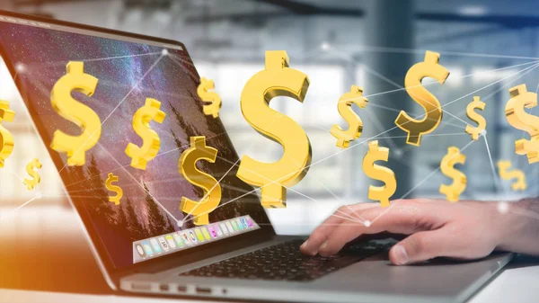 Dollarzeichen, das um eine Netzwerkverbindung fliegt - 3D-Rendering — Stockfoto