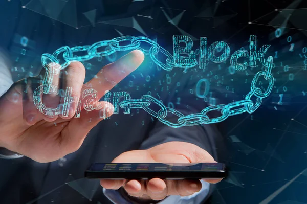 Blockchain-Titel mit einem Cahin aus Datennummer - 3D-Renderer — Stockfoto