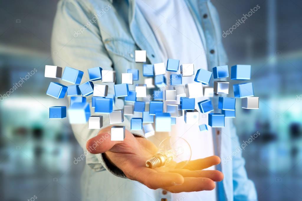 View of a 3d rendering blue and white cube on a futuristic interface