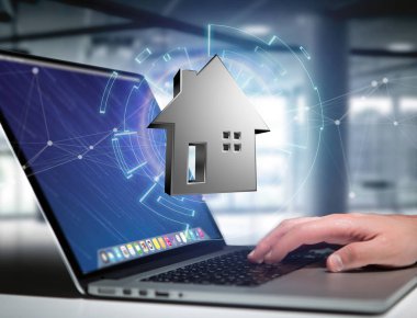 Bir futuristik bir arayüze - 3d ren üzerinde görüntülenen parlak gümüş evi