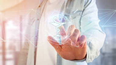 Eczane tıbbi kutsal kişilerin resmi üstünde bir futuristik bir arayüze 