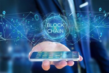 Blockchain başlık üzerinde uçan 0 ve 1 verilerle
