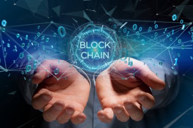 Blockchain başlık üzerinde uçan 0 ve 1 verilerle