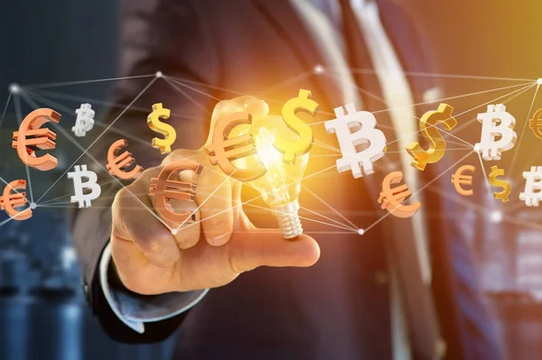 Dolar, Euro ve Bitcoin işaretler bir ağ itibara uçan