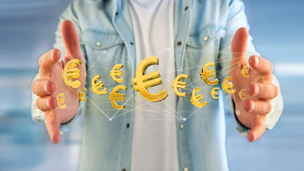 Symbol měny euro, létající kolem síťového připojení - 3d vykreslení — Stock fotografie