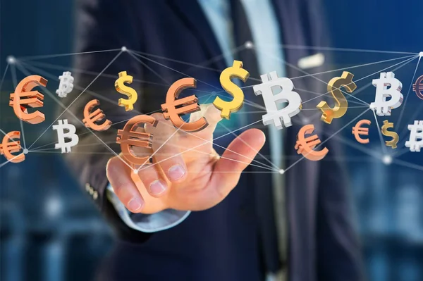 Signos de dólar, euro y bitcoin — Foto de Stock