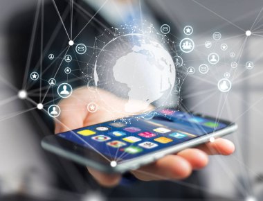 Akıllı telefon, tablet veya dizüstü bilgisayar - gibi aygıt tarafından bir teknoloji başlık kaplı görünümünü Internet ve iletişim kavramı