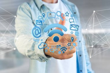 Multimedya ve internet uygulama logo - 3d render çevrili bir wifi sembol bağlantı görünümü