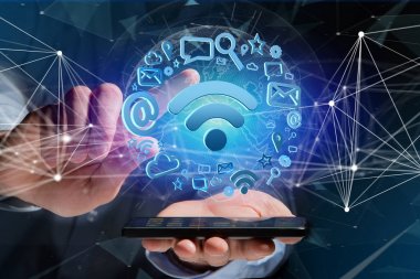 Multimedya ve internet uygulama logo - 3d render çevrili bir wifi sembol bağlantı görünümü