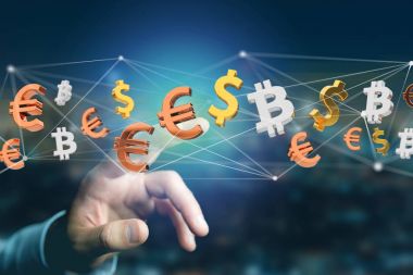 Dolar, Euro ve Bitcoin işaretler bir ağ bağlantı etrafında uçan görünümünü