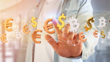 Dolar, Euro ve Bitcoin işaretler bir ağ bağlantı etrafında uçan görünümünü