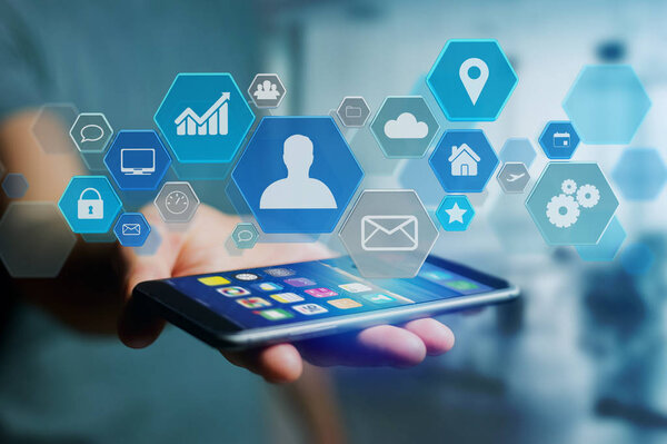 View of a Business network application displayed on a futuristic interface