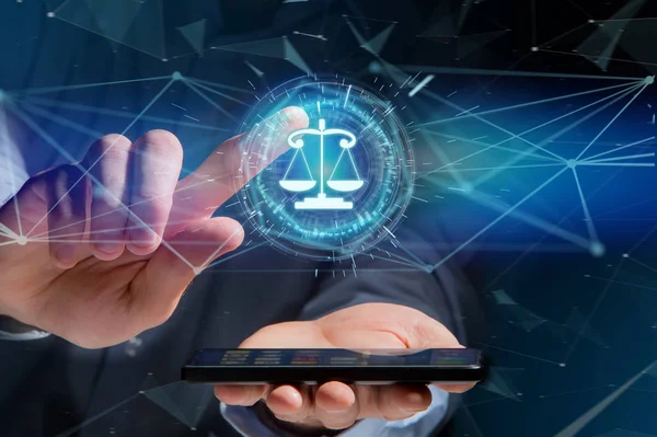 Vue Une Icône Équilibre Judiciaire Sur Une Interface Futuriste — Photo