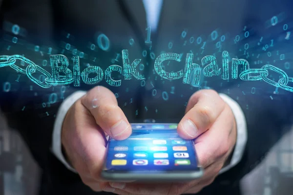 Vista Título Blockchain Con Cahin Hecho Número Datos Render —  Fotos de Stock