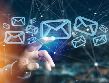 Fütüristik arabiriminde görüntülenen bir mavi e-posta simgesi görünümünü. İleti ve Internet kavramı.