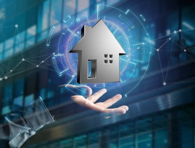 Bir futuristik bir arayüze - 3d render üzerinde görüntülenen bir parlak gümüş gören manzarası