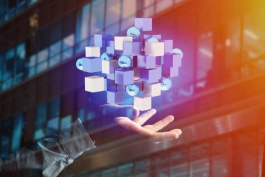 3d Render mavi ve beyaz küpleri görünümünü futuristik bir arayüze üzerinde