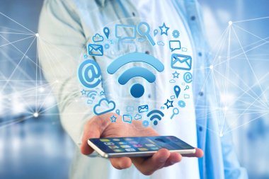 Multimedya ve internet uygulama logo - 3d render çevrili bir wifi sembol bağlantı görünümü