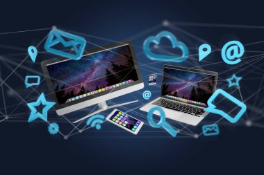 Aygıtların görünümü gibi akıllı telefon, tablet veya bilgisayar bağlantısı ağ üzerinden uçan ve app-3d render