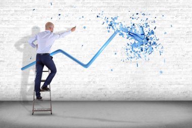 Bir işadamı bir mali ok kadar gidiş ve explosing vasıl belgili tanımlık son - 3d render ile bir duvar önünde görünümünü