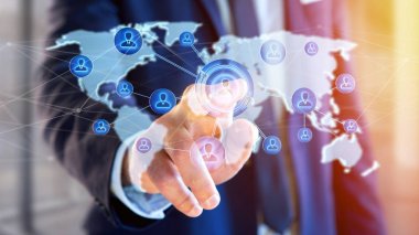 -3d render harita görünümü bir ağ bağlı bir dünya tutan işadamı