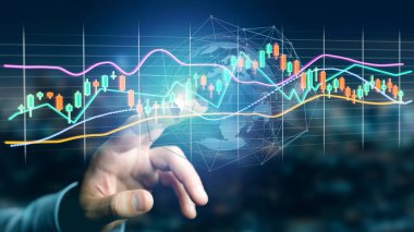 Bir 3d tutan bir işadamı görünümünü render veri bilgi görüntülenmesini futuristik bir arayüze Ticaret Borsası