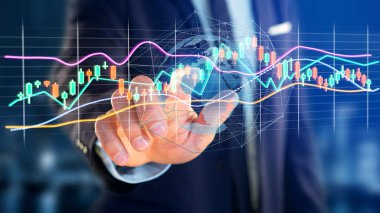 Bir 3d tutan bir işadamı görünümünü render veri bilgi görüntülenmesini futuristik bir arayüze Ticaret Borsası