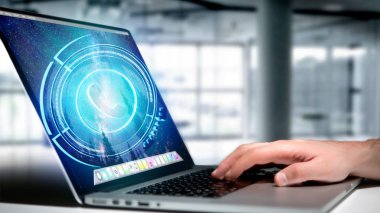 Onun laptop - 3d render bir parlak teknolojik telefon düğmesini kullanarak bir işadamı görünümünü