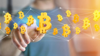 Bir ağ bağlantısı - 3d render uçan bir Bitcoin işareti görünümünü