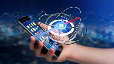 Görüş Smartphone'da - 3d render bir gezinti pusula kullanarak bir işadamı
