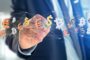 Dolar, Euro ve Bitcoin işaretler bir ağ bağlantı - 3d render uçan görünümünü