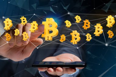 Bir ağ bağlantısı - 3d render uçan bir Bitcoin işareti görünümünü