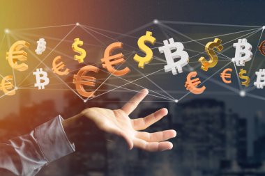 Dolar, Euro ve Bitcoin işaretler bir ağ bağlantı - 3d render uçan görünümünü