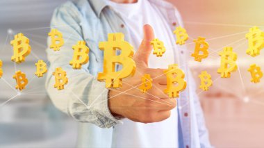 Bir ağ bağlantısı - 3d render uçan bir Bitcoin işareti görünümünü