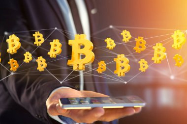 Bir ağ bağlantısı - 3d render uçan bir Bitcoin işareti görünümünü