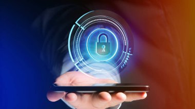 Bir işadamı bir parlak teknolojik soyunma güvenlik düğmesi - 3d render ile bir smartphone kullanarak görünümünü